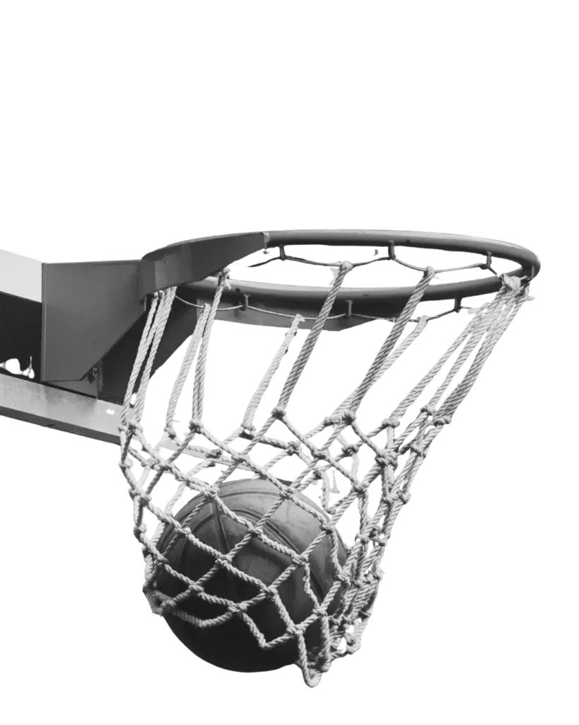 backboard-about Black and white image of a basketball inside a net