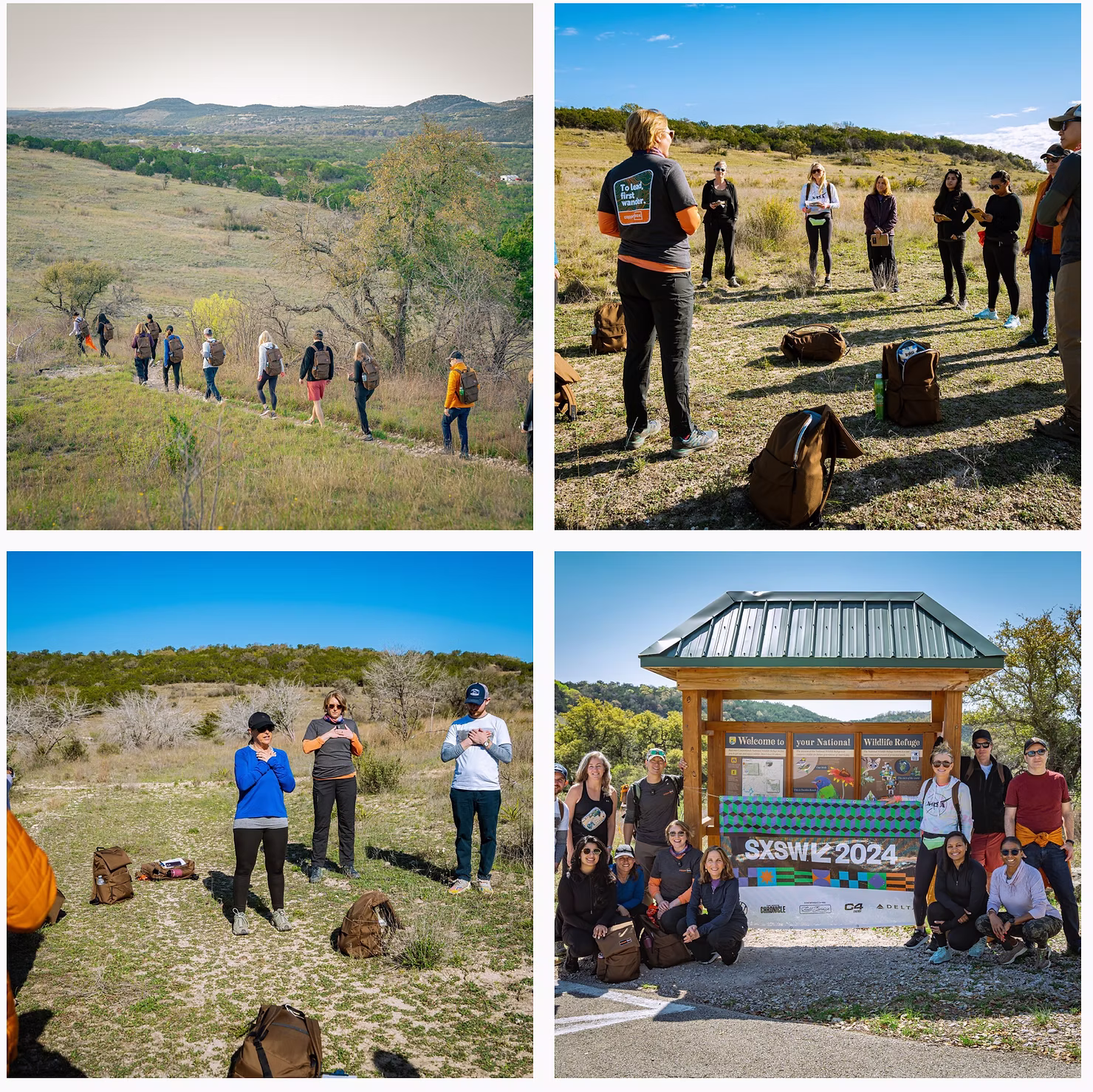 Collage from the Copperbox Core Purpose Wander activation at SXSW featuring guided reflection, networking, and outdoor leadership activities in nature.