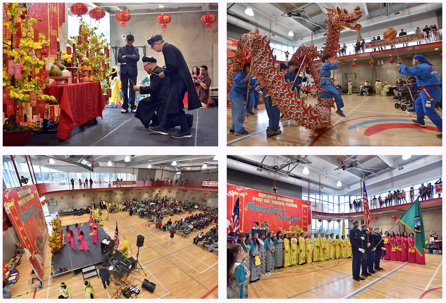 Collage featuring performances, dragon dances, and community celebrations from the Tet Vietnamese Lunar New Year event hosted by Cute Story Events.