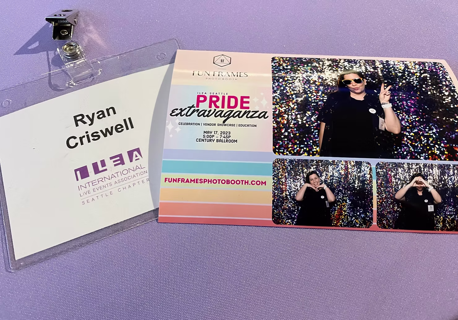 Photo booth print and attendee badge from the 2023 ILEA Seattle Pride Extravaganza