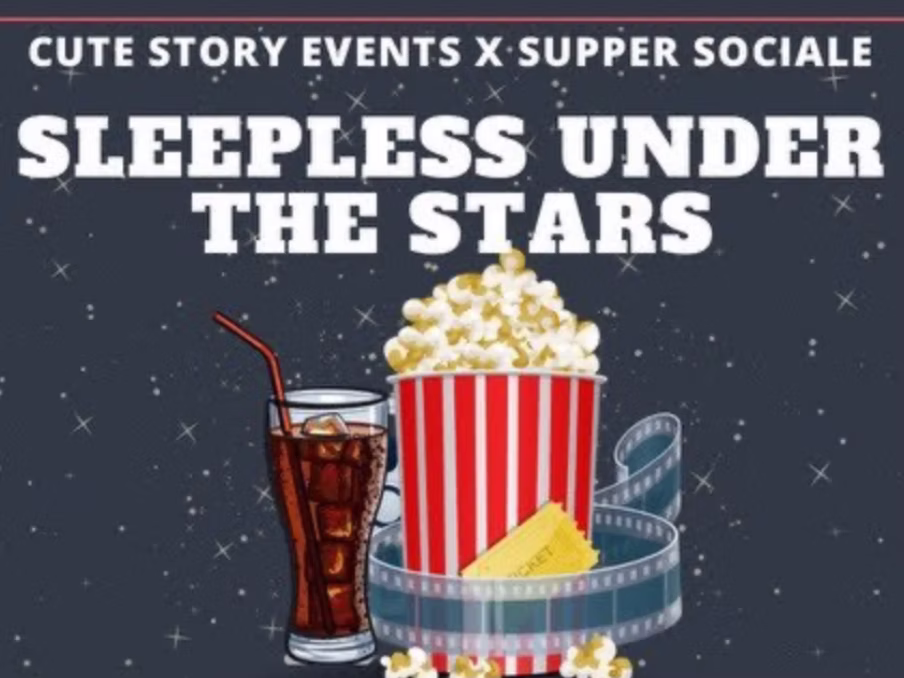 Promotional poster for Sleepless Under the Stars, a fall outdoor movie night featuring Grease, bonfires, snacks, and cozy community vibes hosted by Cute Story Events and Supper Sociale.