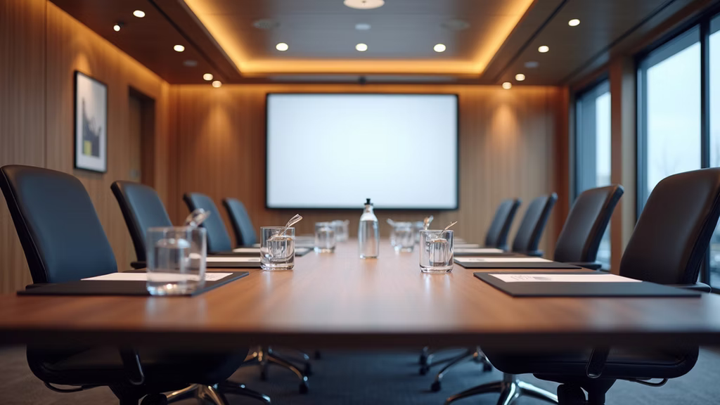 Modern conference room with a long meeting table, presentation screen, and seating prepared for a corporate event or business meeting.