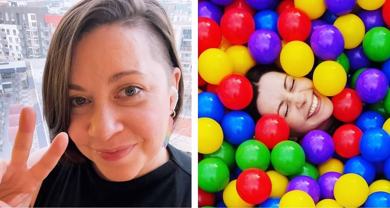 Founder of Cute Story Events featured in a Hey Famm interview alongside a colorful playful portrait in a ball pit.