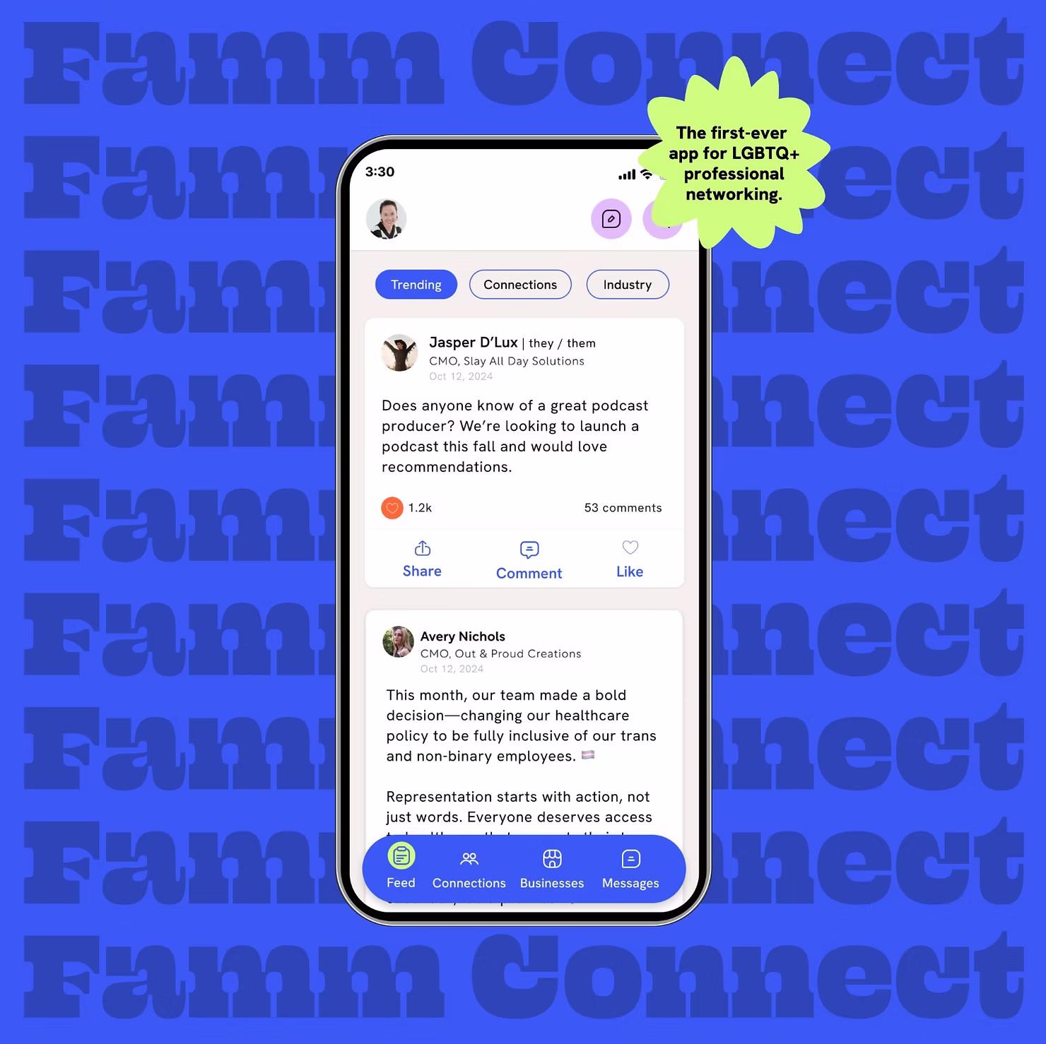 Mobile app preview for Famm Connect, an LGBTQ+ professional networking platform designed for queer community connection and collaboration.