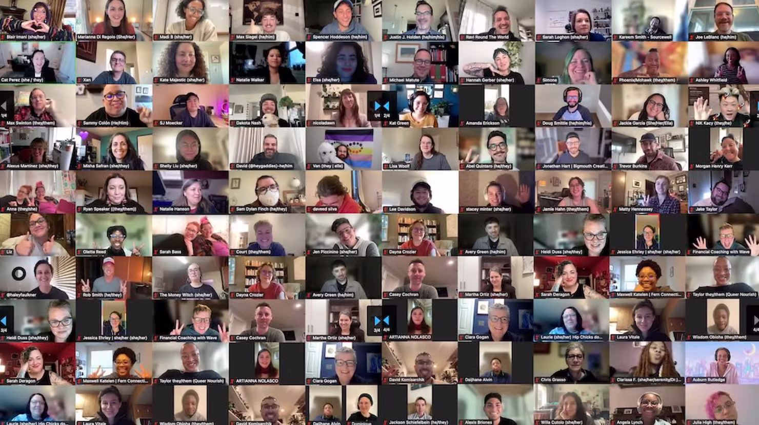 Virtual event attendees joining the Famm Connect launch party online to celebrate LGBTQ+ professional networking and community building.