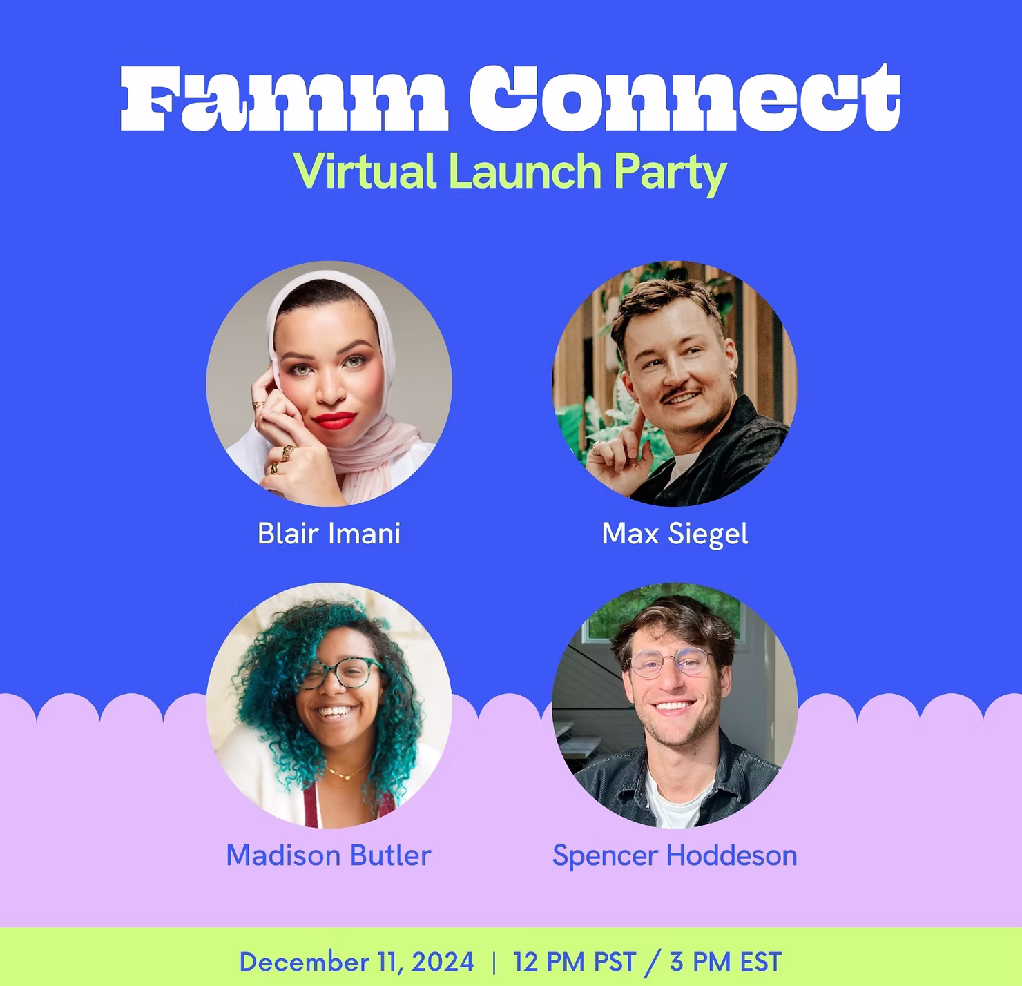 Promotional graphic for the Famm Connect virtual launch party featuring LGBTQ+ speakers and panel guests.