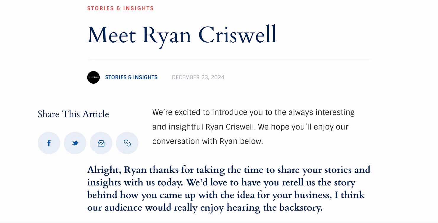 Screenshot of the CanvasRebel interview featuring Ryan Criswell discussing the inspiration and journey behind Cute Story Events.
