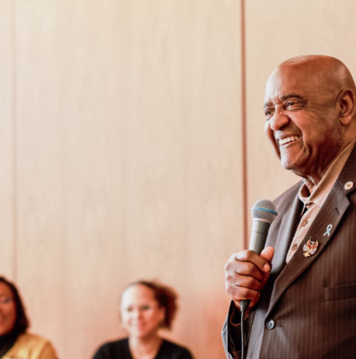Community speaker Willie Stewart addressing attendees during the Fircrest Black History Month celebration event.