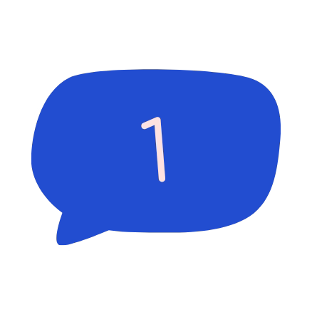 Blue quote bubble icon labeled “1” for testimonial section