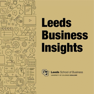 Podcast cover for Leeds Business Insights, featuring the title in bold black text on a tan background with a vertical column of business-themed line icons on the left and the Leeds School of Business logo on the bottom.