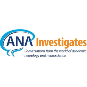 Podcast cover for ANA Investigates, featuring the title with a blue speech-bubble outline around “ANA” and the tagline “Conversations from the world of academic neurology and neuroscience.”