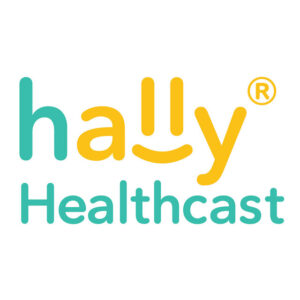 Podcast cover for Hally Healthcast, featuring the word “hally” in teal and yellow with a smile-shaped logo, and “Healthcast” below in teal text.