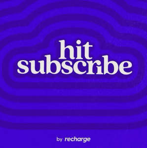 Podcast cover for Hit Subscribe, featuring bold white text centered on a vibrant electric-blue background with wavy line patterns.