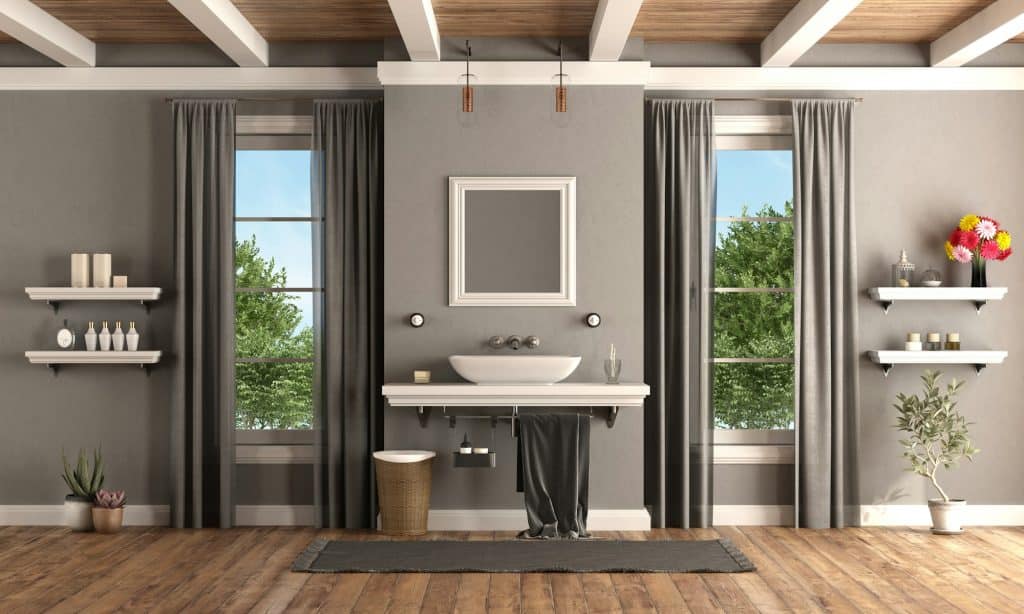 Beautiful & Affordable Bathroom Sinks and Faucets in Snohomish & King Counties | Gray and white classic bathroom with washbasin on shelf - 3d rendering