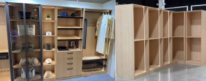 Barcelona Oak closet system with black-framed glass doors, open shelving, and custom drawers for hats, bags, and hanging garments