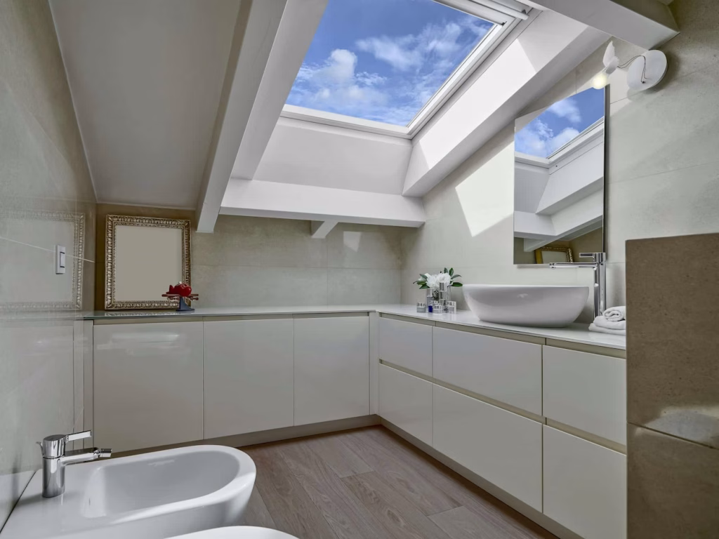 Bathroom featuring frameless cabinets and a skylight.