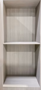 Soft gray oak closet organizer with a modern wood texture and dual open compartments