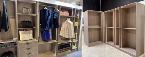 Maine Oak custom closet installation with drawers, multiple hanging sections, and spotlight shelving for bags and jackets