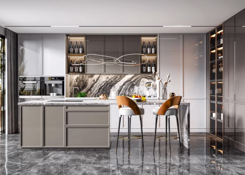 Contemporary kitchen with taupe slim shaker cabinets, a waterfall marble island, and built-in wine storage