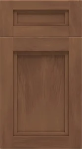 Warm medium brown shaker cabinet door with visible vertical wood grain