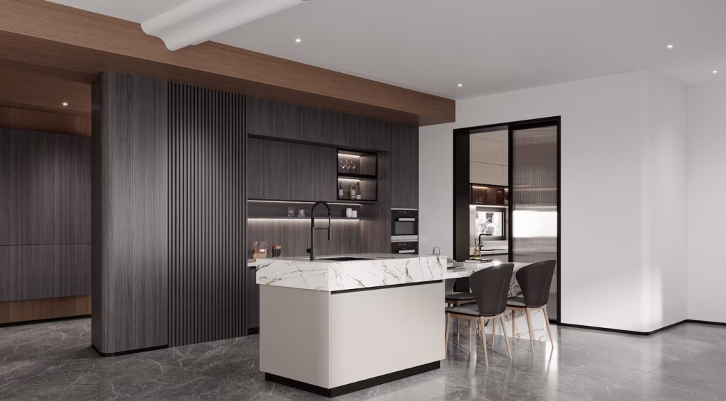 Modern luxury kitchen remodel featuring dark wood cabinetry, marble waterfall island, and integrated appliances – Iconic Cabinetry in Snohomish & King Counties