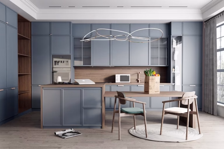 Modern blue slim shaker kitchen cabinetry with built-in appliances, open shelving, and integrated island dining space