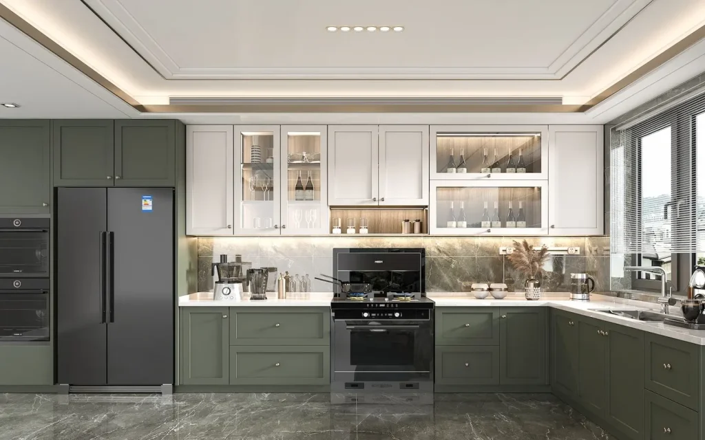 Contemporary kitchen remodel in Lynnwood, WA featuring olive green and white cabinetry, glass-front uppers, and a marble tile backsplash
