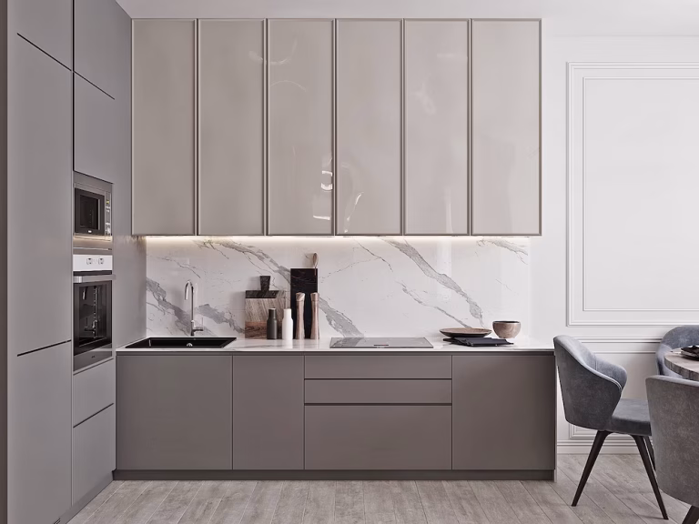 Minimalist gray slim shaker cabinets with glossy finishes and a marble backsplash in a modern kitchen design