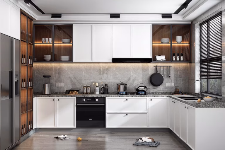 Industrial-inspired kitchen with white slim shaker cabinets, open shelving, and soft-close drawers