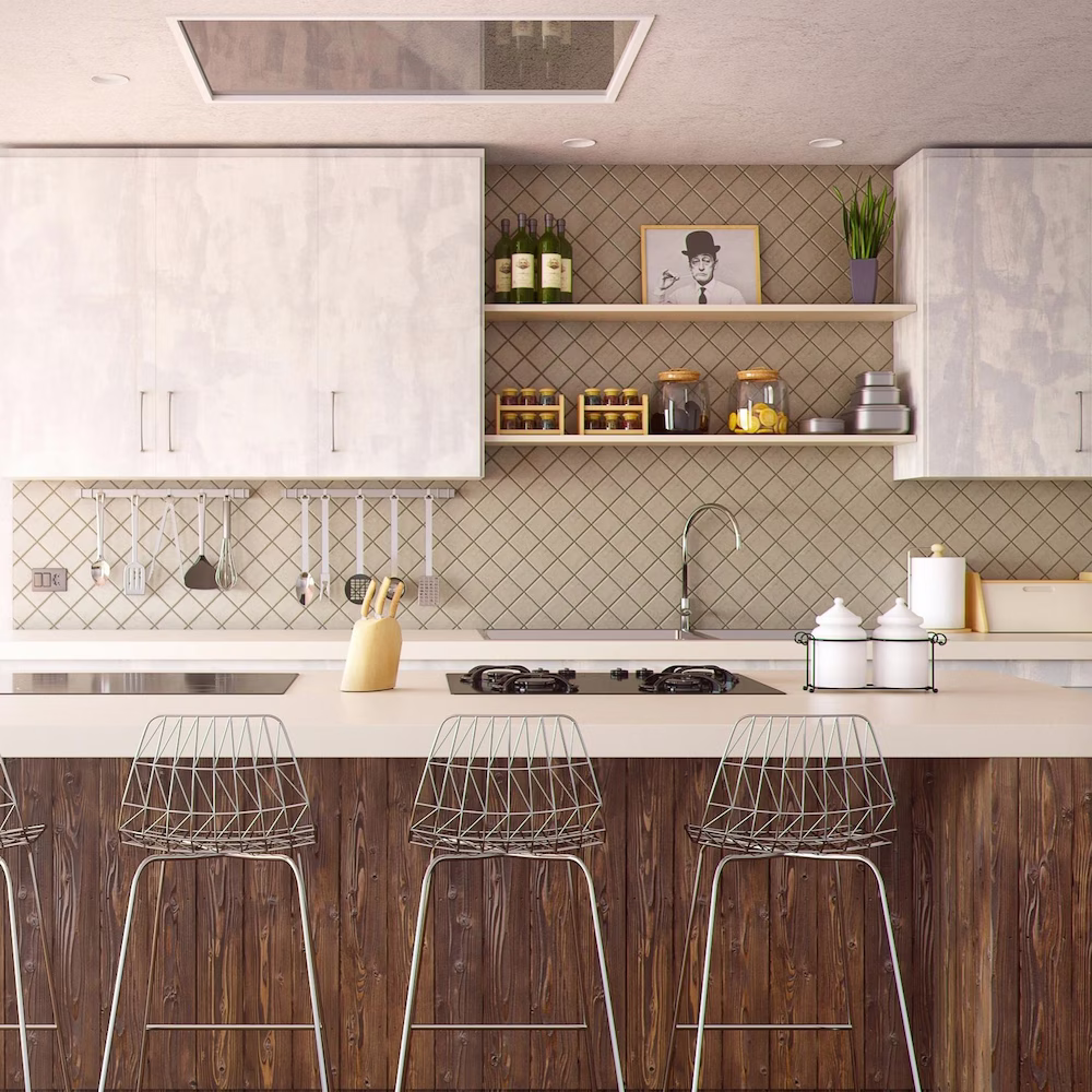 Sage green tile kitchen backsplash by Iconic Cabinetry.