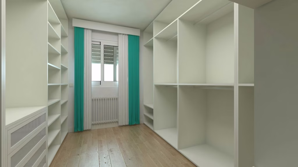 Walk-in closet featuring white cabinetry and wooden floors.