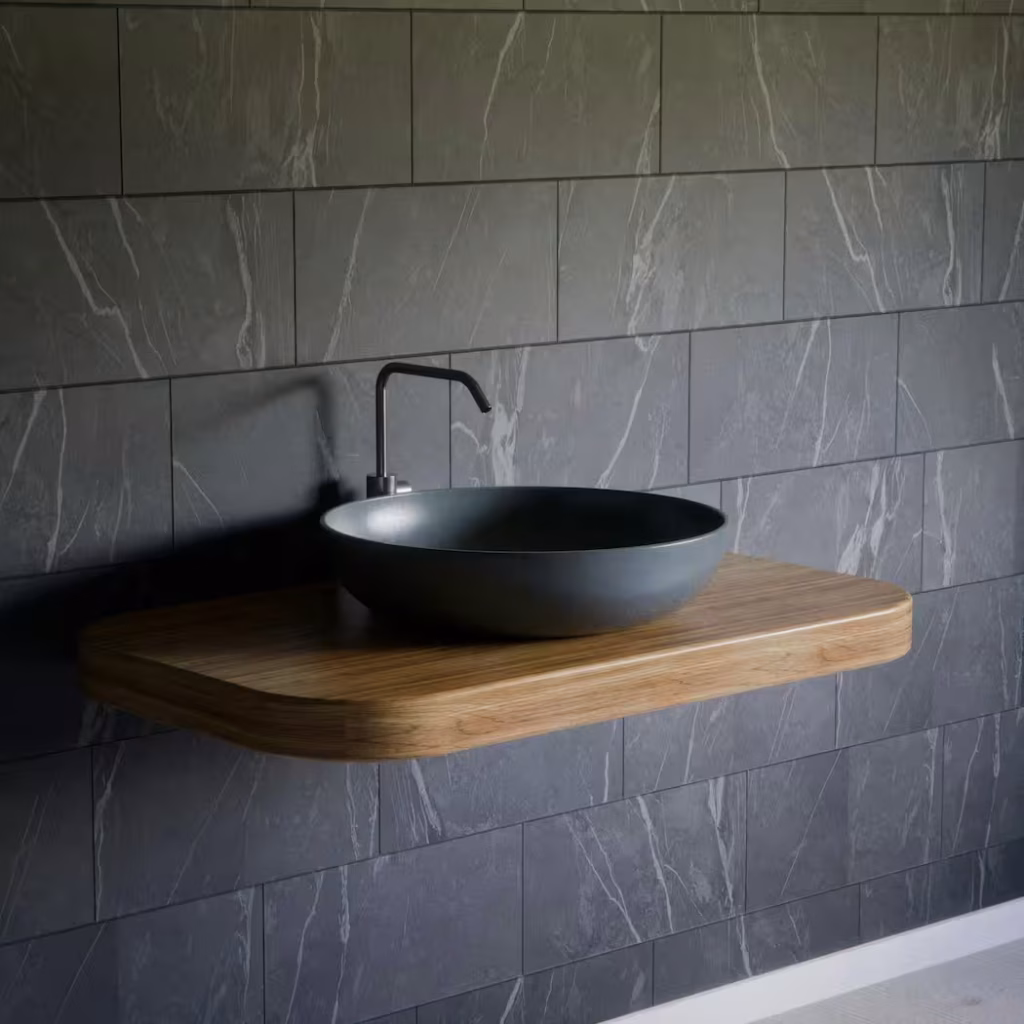 Bathroom sink with tile in the background
