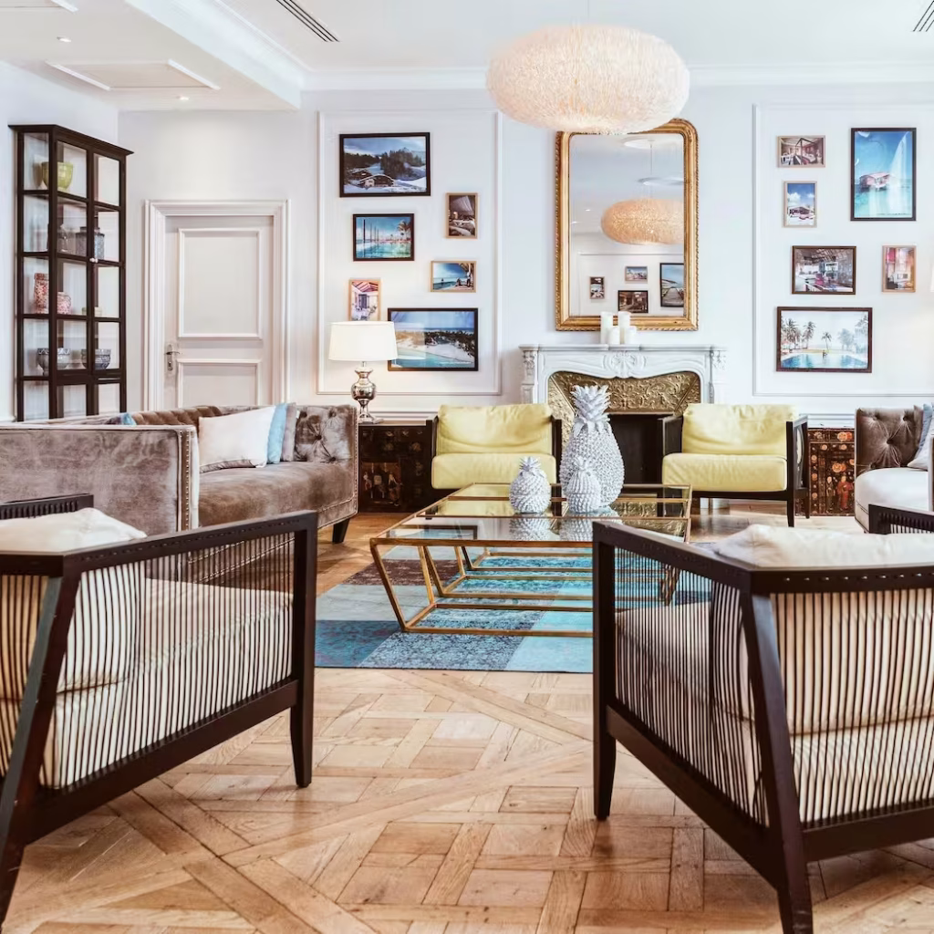Interior with unique furniture and a gallery wall