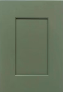 Soft sage green Shaker-style cabinet door with smooth finish and recessed panel