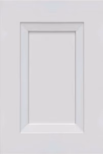 Metallic white Shaker-style cabinet door with a slight sheen and flat panel profile