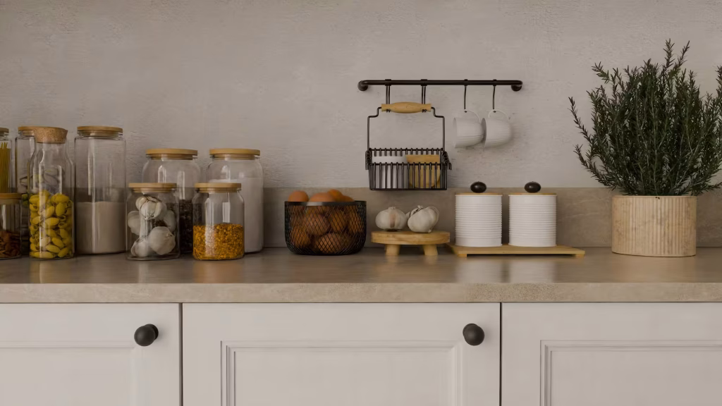 Modern Seattle kitchen remodel with white shaker cabinets, neutral stone countertops, and minimalist storage jars on display