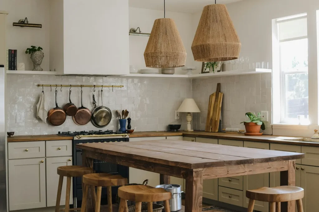 Cozy farmhouse kitchen with wood island, brass pot rail, and woven pendant lighting